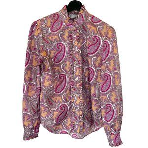 Vintage 60s Purple Orange Paisley Ruffle Button Up Long Sleeve Top Medium